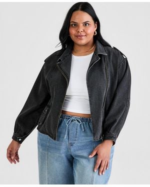 And Now This Trendy Plus Size Denim Moto Jacket - Blue