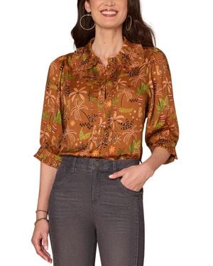 Democracy Petite Printed Ruffled Pintucked Top - Brown
