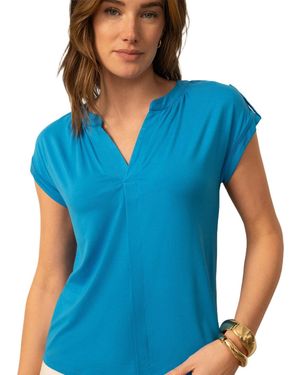 Cable & Gauge Split Neck Sleeve Tab Top - Blue