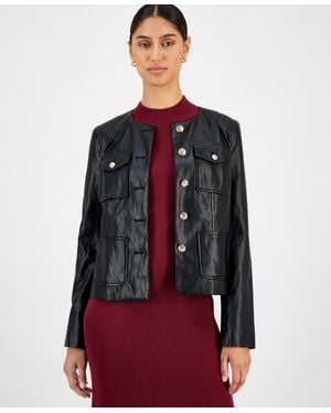 Tahari Button-front Faux Leather Jacket - Red