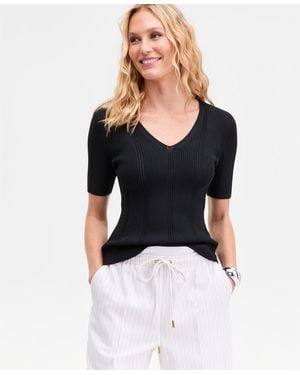 INC International Concepts V-neck Short Sleeve Ribbed Knit Sweater - Black