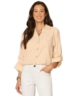 Democracy Petite Smocked Collar Bubble-hem Striped Collared Shirt - Natural
