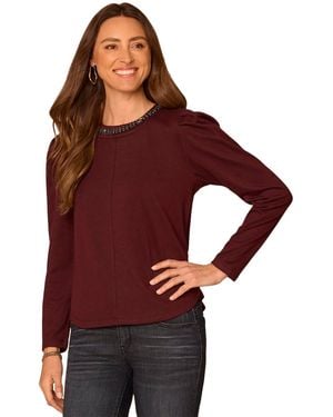 Democracy Long-sleeve Rhinestone-embellished Scoop Neck Blouse - Purple