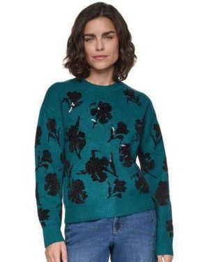 KARL LAGERFELD Floral Sequin Crewneck Pullover Sweater - Blue