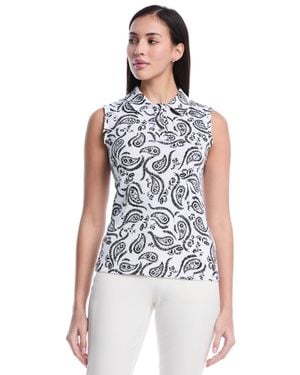 Rafaella Petite Paisley Print Ruffle Trim Sleeveless Polo Shirt - White