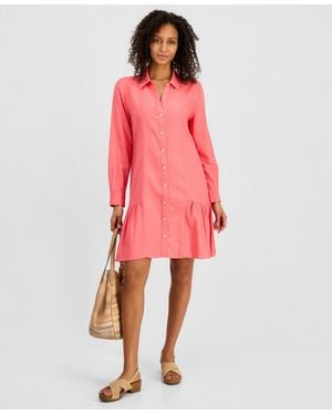 Style & Co. Linen Blend Peplum Shirtdress - Pink