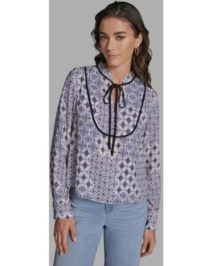 BCBGMAXAZRIA Tie-collar Long-sleeve Printed Top - Blue