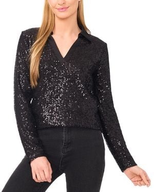 Cece Sequinned Long Sleeve Polo Top - Black