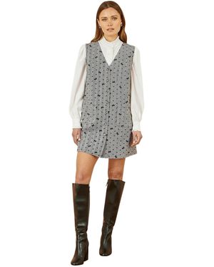 Yumi' Bow Print Button Up Pinafore Dress - Gray