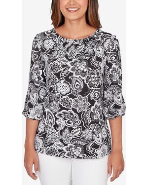 Ruby Rd. Petite Dotted Floral Puff Print Knit Top - Gray