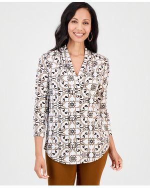 Macy's Petite Paisley-print Scarf 3/4-sleeve V-neck T-shirt - White