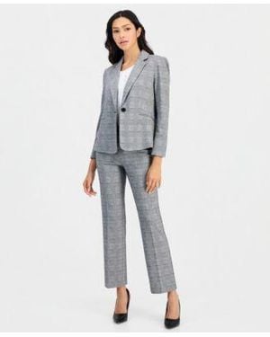 Anne Klein Essentials Petite Plaid One Button Blazer Plaid Pull On Ankle Pants - Gray
