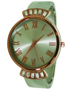 Olivia Pratt Rose Gold Elegant Emerald Rhinestone Solid Metal Bangle Watch - Green