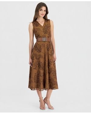 Anne Klein V-neck Embroidered Belted Midi Dress - Brown