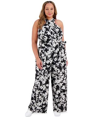 London Times Plus Size Crisscross Halter Belted Jumpsuit - Black