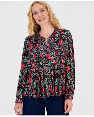 Style & Co. Petite Floral-print Long-sleeve Button-front Blouse - Blue