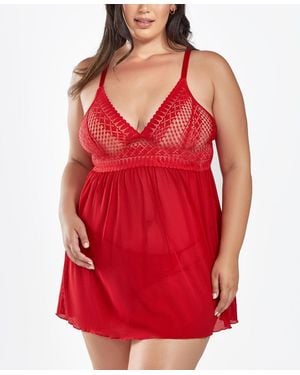 iCollection Plus Size 2 Piece Soft Cup Lace Baby Doll Lingerie Set - Red