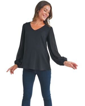 Hello Miss Maternity Flowy Sheer Long Sleeve V Neck Blouse - Blue