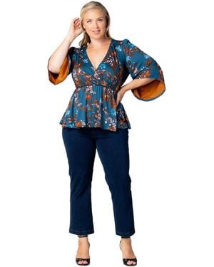 Kiyonna Plus Size Priscilla Peplum 3/4-sleeve Surplice V-neckline Top - Blue