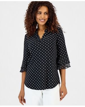 Kasper Printed 3/4 Flutter Sleeve Top - Black