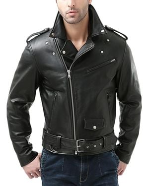 BGSD Men Classic Leather Motorcycle Jacket - Black