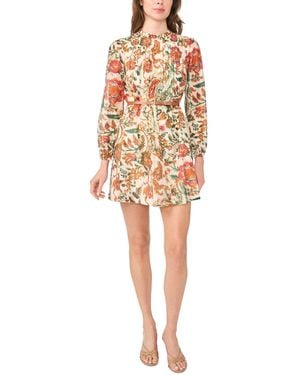 Msk Petites Ruffle Mock Neck Floral-print Long-sleeve Dress - White