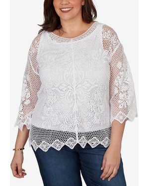Ruby Rd. Plus Size Scalloped Medallion Crochet Lined Lace Top - Gray