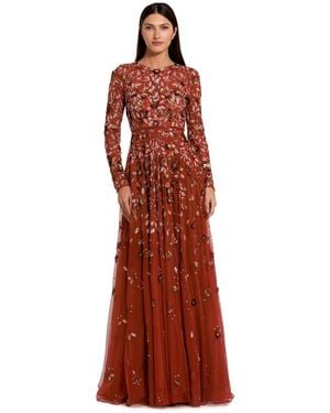 Mac Duggal Embellished High Neck Long Sleeve A Line Gown - Red