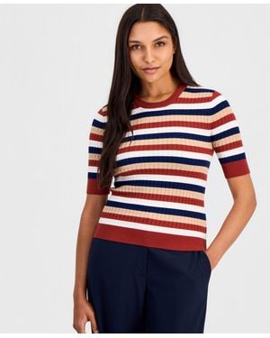 Tahari Ailany Striped Ribbed-knit Short-sleeve Sweater - Red