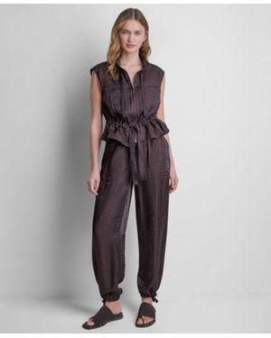 DKNY Cap Sleeve Twinkle Tie Front Vest Twinkle Tie Leg Pants - Brown