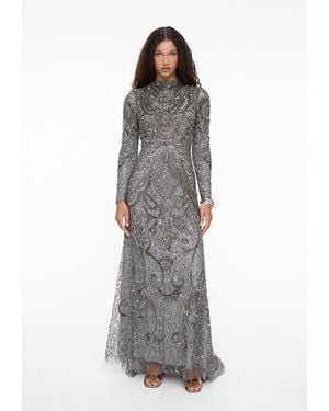 MARYISA Modest Embellished Sequin Beaded Dress Maxi With Cowl Neck - Gray