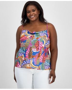 Tahari Plus Size Printed Satin Draped-neck Camisole Top - Red