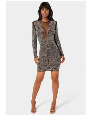 Bebe Long Sleeve Embellished Illusion Mesh Mini Dress - White