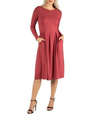 24seven Comfort Apparel Midi Length Fit And Flare Dress - Red