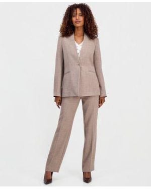 Kasper Collarless Melange Jacket Sleeveless Ruffle Front Blouse Straight Leg Pants - Natural