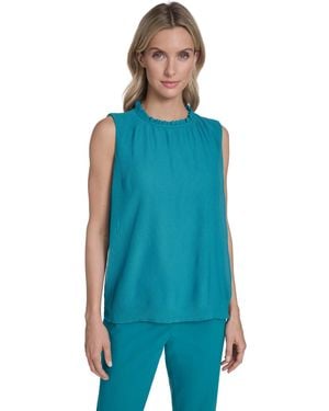 Calvin Klein Sleeveless Ruffle Neckline Top - Blue