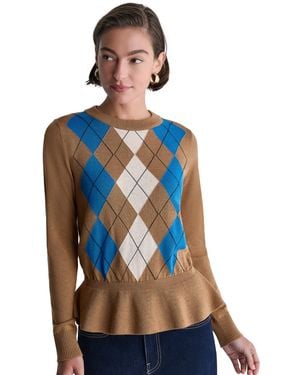 BCBGMAXAZRIA Long-sleeve Crewneck Argyle Peplum Sweater - Blue