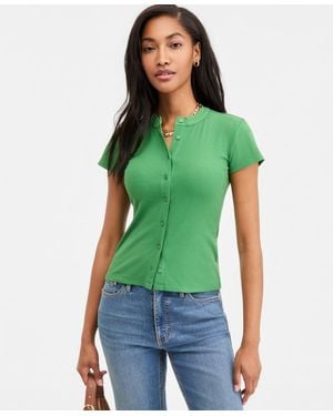 On 34th Rib-knit Short-sleeve Button Front Top - Black