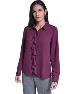 Calvin Klein Ruffle-front Long-sleeve Blouse - Purple