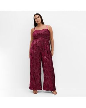 City Chic Plus Size Glimmer Sequin Strapless Jumpsuit - Red