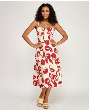 Katia Rae Cherry Printed Sweetheart Neck Midi Dress - Red