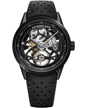 Raymond Weil Swiss Automatic Freelancer Perforated Rubber Strap Watch 42mm - Black