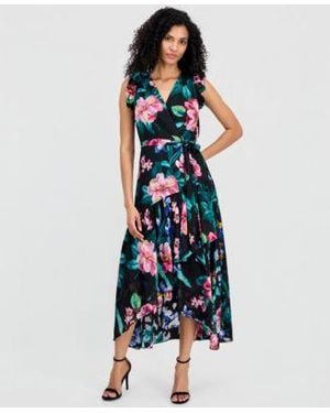 Anne Klein Ruffle Sleeve V Neck High Low Wrap Dress - Blue