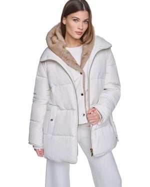 Halston Faux Fur Bibbed Hooded Puffer - White