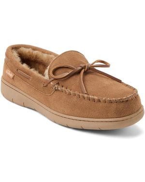 Clarks Genuine Cow Suede Moccasin With Leather Lacing And Tipped Faux Fur Slippers - Brown