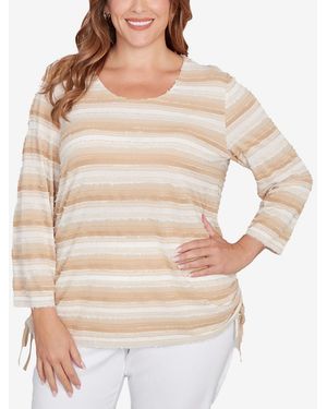 Ruby Rd. Plus Size Textured Stripe Drawstring Top - Natural