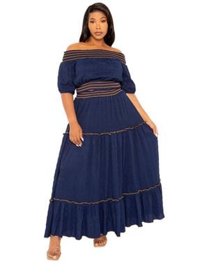 Buxom Couture Plus Size Smocked Top And Skirt Two Piece Set - Blue