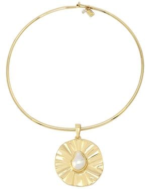 Robert Lee Morris Faux Cultivated Pearl Textured Coin Pendant Wire Necklace - Metallic