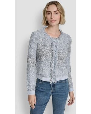 DKNY Long-sleeve Fringe Trimmed Sweater Jacket - Blue