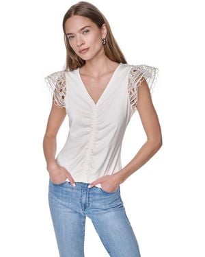 DKNY V-neck Lace Trim Gathered Top - White